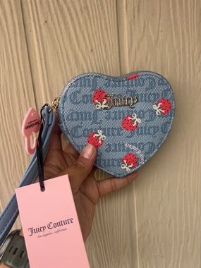 Juicy Couture Light Blue Heart Denim Coin Purse with Strawberry Print